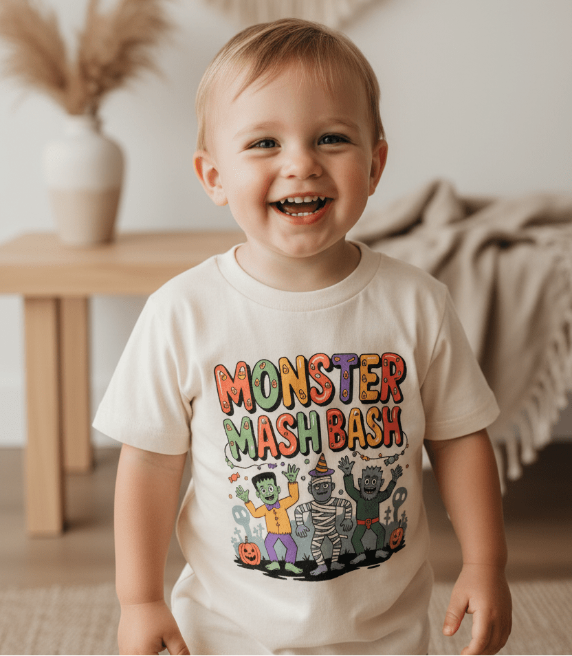 A smiling toddler wears the Toodleroos Monster Mash Bash Halloween Toddler Shirt – Friendly Monster Tee, featuring playful cartoon monsters, while standing indoors against neutral decor.