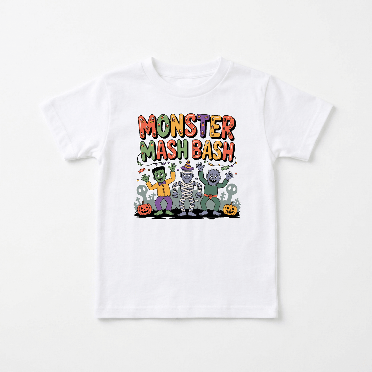 Let your little one celebrate Halloween in style with the Toodleroos Monster Mash Bash Halloween Toddler Shirt – Friendly Monster Tee, featuring colorful “Monster Mash Bash” text above cute cartoon monsters like Frankenstein, a mummy, and a vampire, surrounded by pumpkins and tombstones. This adorable toddler tee is perfect for any kids’ Halloween party or as a festive outfit for your child.
