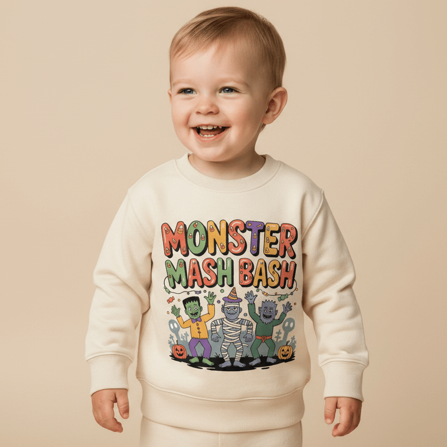 Smiling toddler wearing a cream sweatshirt with colorful cartoon monsters and the text Monster Mash Bash printed on the front, standing against a plain beige background.