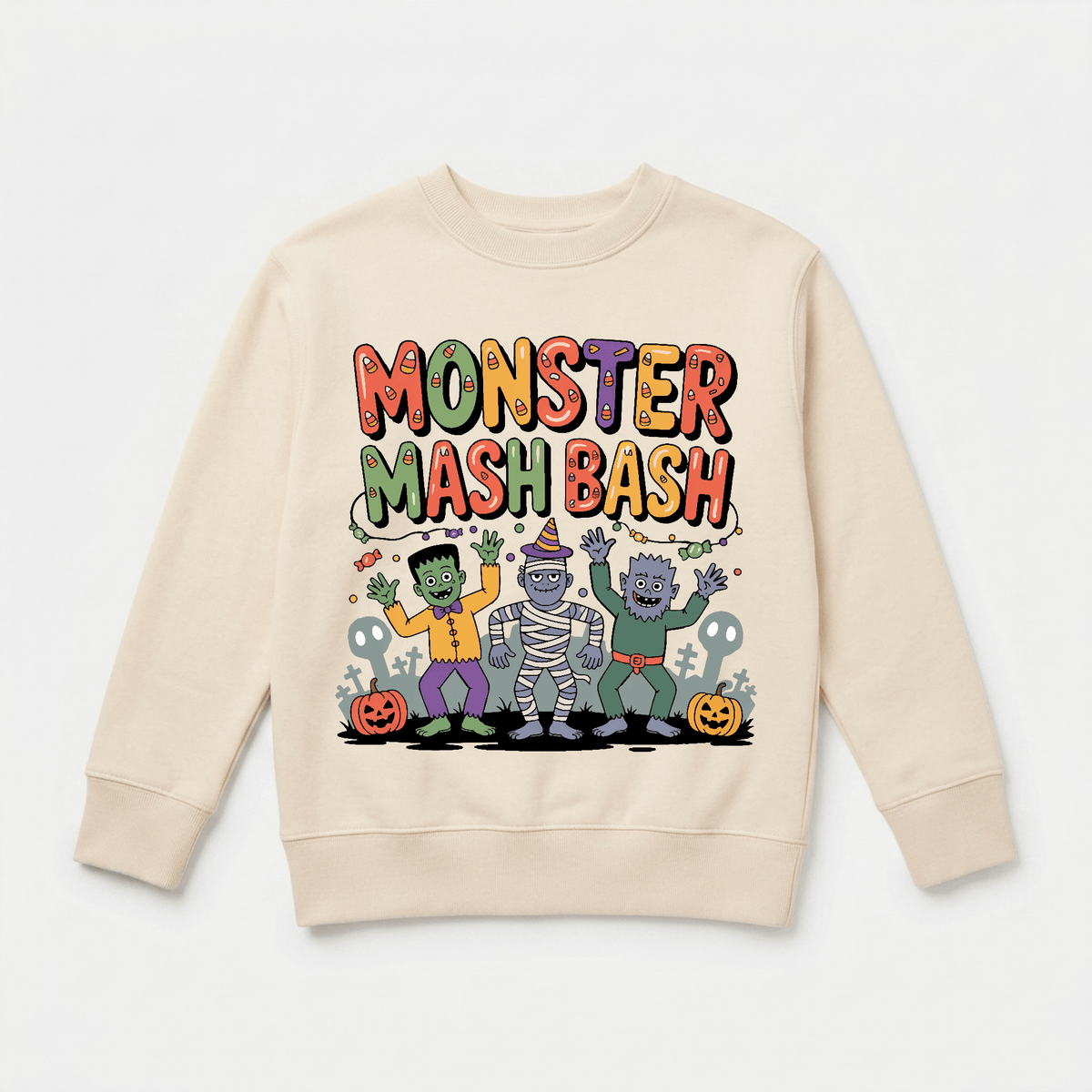 The Toodleroos Monster Mash Bash Halloween Toddler Sweatshirt is a beige kids sweatshirt featuring vibrant “Monster Mash Bash” text and playful cartoon monsters—a vampire, mummy, and werewolf—dancing among pumpkins and gravestones. Perfect as a toddler or kids’ Halloween sweatshirt.