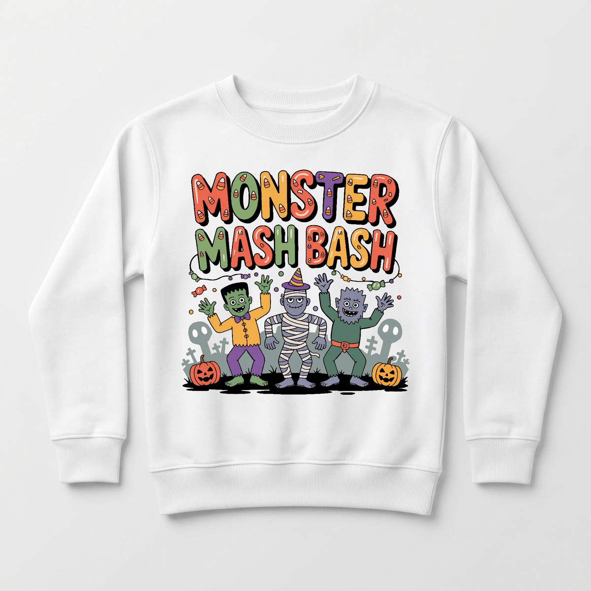 The Monster Mash Bash Halloween Toddler Sweatshirt by Toodleroos features colorful “Monster Mash Bash” text above cartoon monsters—a zombie, mummy, and werewolf—dancing together. With festive Halloween pumpkins, bones, and tombstones in the background, this friendly kids’ sweatshirt is perfect for spooky season fun.