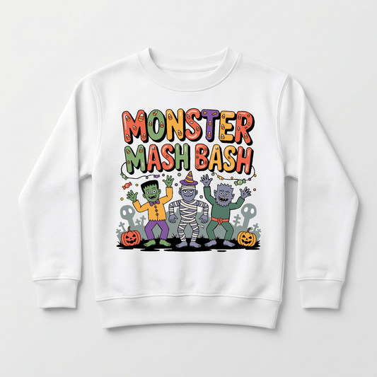 The Monster Mash Bash Halloween Toddler Sweatshirt by Toodleroos features colorful “Monster Mash Bash” text above cartoon monsters—a zombie, mummy, and werewolf—dancing together. With festive Halloween pumpkins, bones, and tombstones in the background, this friendly kids’ sweatshirt is perfect for spooky season fun.
