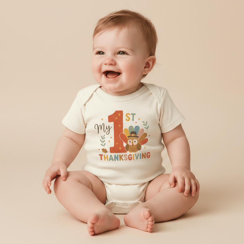 A smiling baby is sitting on a light beige background, wearing the Toodleroos Baby’s First Thanksgiving Onesie – My 1st Thanksgiving Turkey Bodysuit, featuring “My 1st Thanksgiving” and an adorable turkey graphic.