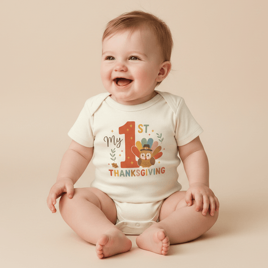 A smiling baby is sitting on a light beige background, wearing the Toodleroos Baby’s First Thanksgiving Onesie – My 1st Thanksgiving Turkey Bodysuit, featuring “My 1st Thanksgiving” and an adorable turkey graphic.