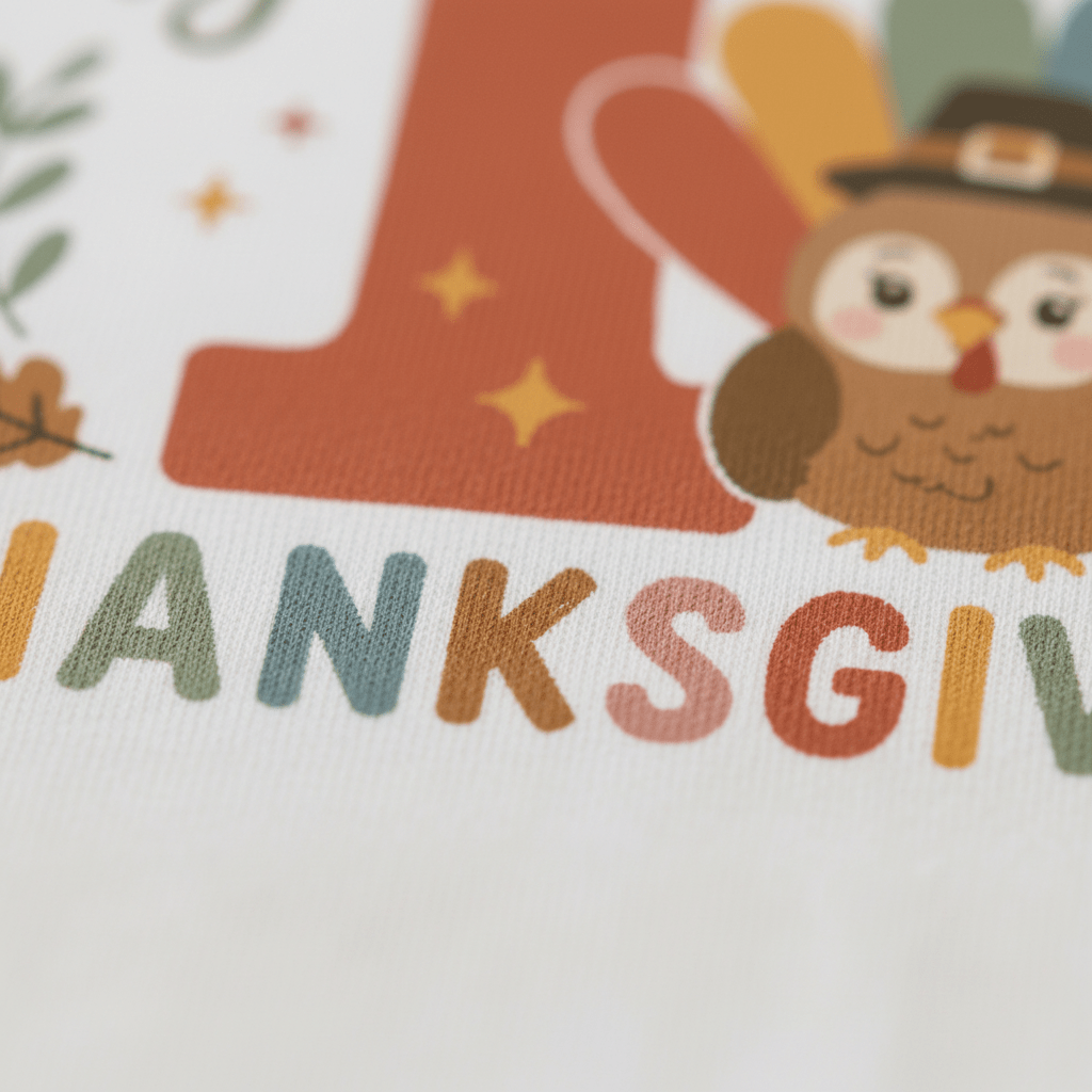 Showcasing a charming turkey in a pilgrim hat, surrounded by autumn leaves and the word “THANKSGIVING” in colorful letters, this white fabric design makes the perfect Toodleroos Baby’s First Thanksgiving Onesie – My 1st Thanksgiving Turkey Bodysuit for an adorable first Thanksgiving baby outfit.