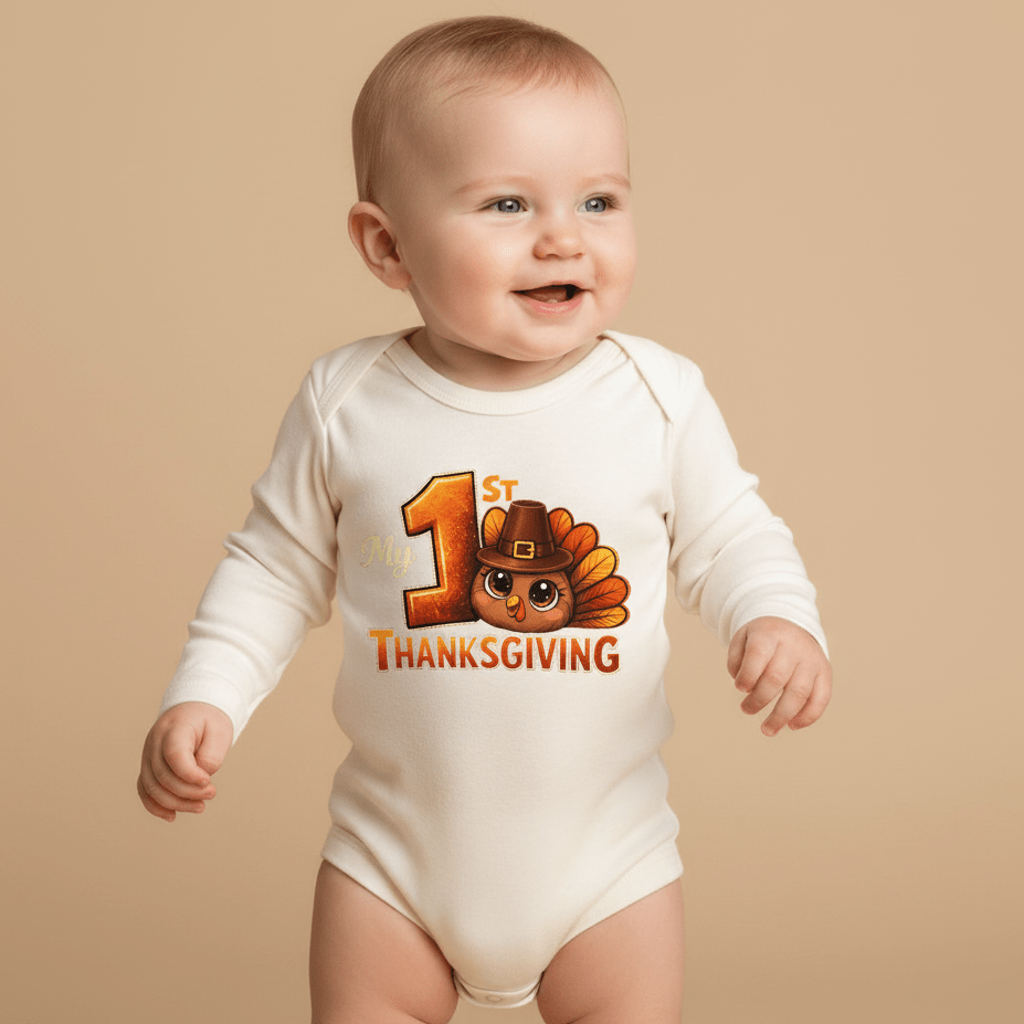A smiling baby wears the Toodleroos My 1st Thanksgiving Onesie – Baby Turkey Bodysuit, featuring a festive cream color, a cheerful cartoon turkey with a pilgrim hat, and playful holiday lettering. Set against a plain beige background, this adorable outfit is perfect for celebrating your little one’s very first Thanksgiving in style.