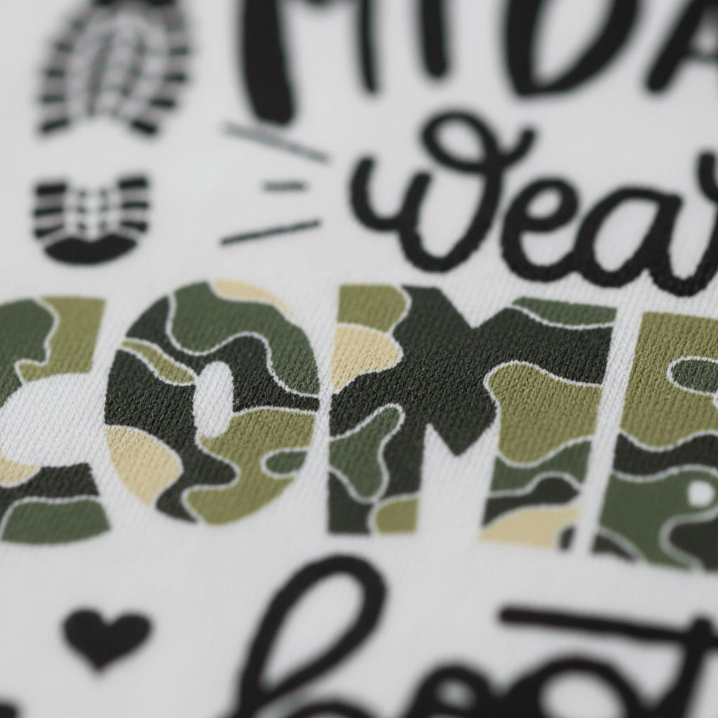 A close-up of the My Daddy Wears Combat Boots Baby Onesie – Camo Design by Toodleroos shows the word “COME” in green camouflage print, with black decorative text and graphics above and below on a white background—making it an ideal choice for a military baby bodysuit or a thoughtful gift for a military dad.