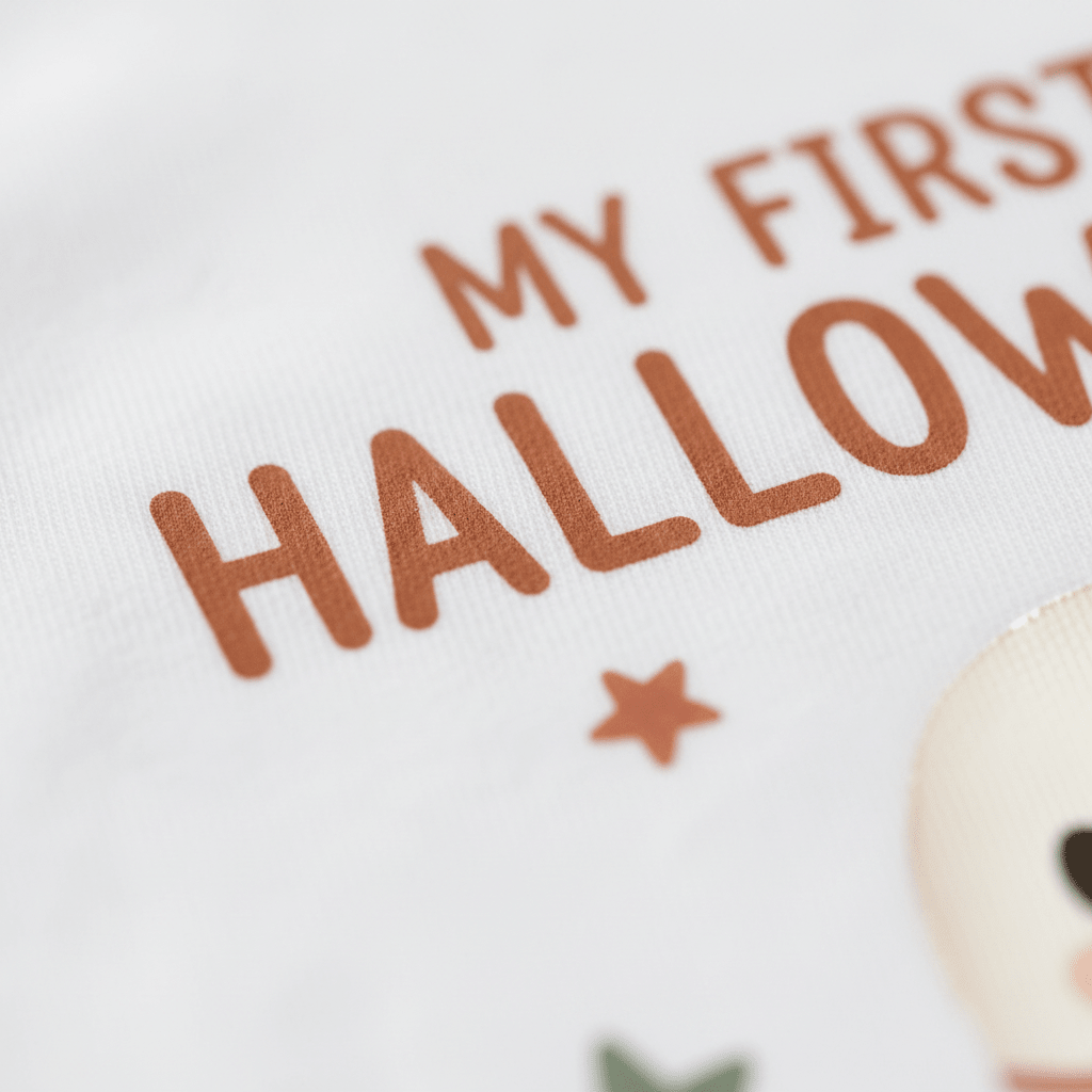 Close-up of text on white fabric reading “MY FIRST HALLOWEEN” in orange letters, featured on the Toodleroos Baby’s First Halloween Onesie – Cute Ghost Short-Sleeve Bodysuit, with a partial star and other small decorations visible at the bottom.
