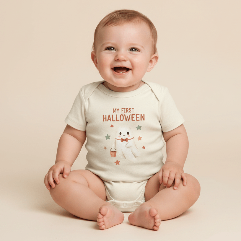A smiling baby sits in a soft beige setting, wearing the Toodleroos Baby’s First Halloween Onesie – a cute ghost short-sleeve bodysuit decorated with stars and the phrase “My First Halloween.”.
