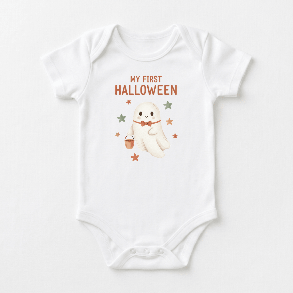 Dress your little one for spooky season with the Toodleroos Baby’s First Halloween Onesie – Cute Ghost Short-Sleeve Bodysuit. This white bodysuit features an adorable ghost holding a small pumpkin basket, sporting a red bow tie, surrounded by orange stars, and the text “My First Halloween.” It’s the perfect cute ghost outfit to celebrate your baby’s first Halloween in style!.