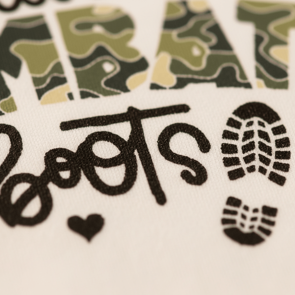 Close-up of fabric featuring “boots” in black script, a heart, two boot prints, and part of “combat” in green camo letters above—an adorable Toodleroos My Mommy Wears Combat Boots Baby Onesie – Camo Design and thoughtful military mom gift.