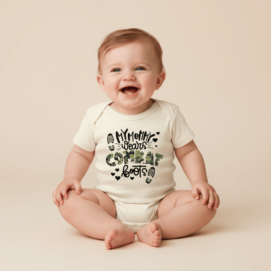 A smiling baby sits on the floor wearing the Toodleroos My Mommy Wears Combat Boots Baby Onesie – Camo Design, featuring bold boot print graphics and the phrase “My Mommy Wears Combat Boots.” The neutral beige background makes this camo-themed bodysuit a perfect gift for military moms.