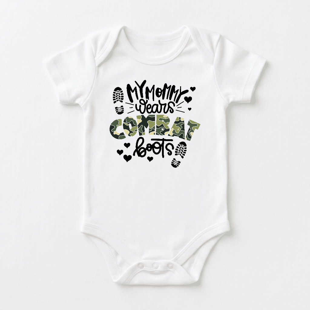 Dress your little one in the Toodleroos My Mommy Wears Combat Boots Baby Onesie – Camo Design, featuring bold black lettering with a green camo pattern on the phrase “My Mommy Wears Combat Boots.” Accented with black hearts and boot prints, this charming military baby bodysuit is the perfect gift for kids celebrating their heroic military moms.