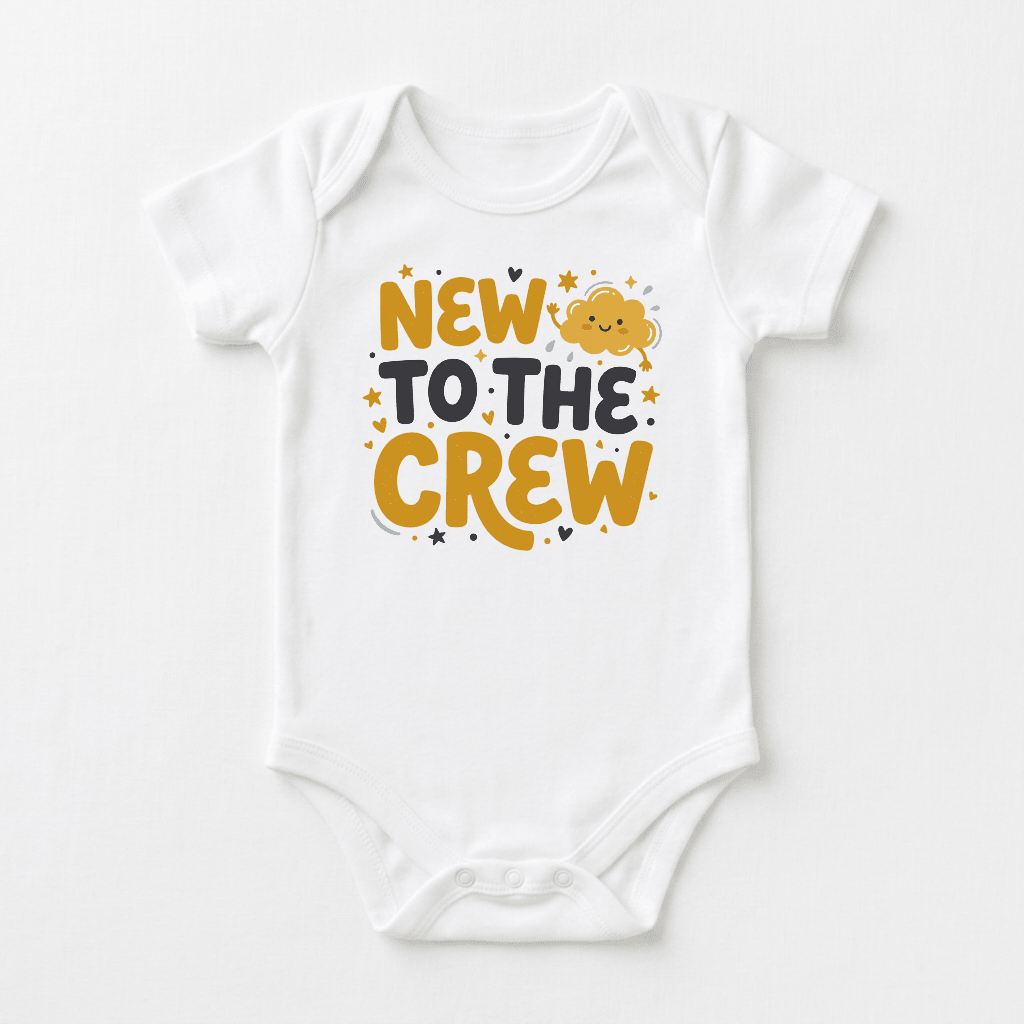 Dress your little one in the Toodleroos New to the Crew Baby Onesie – Announcement Bodysuit, featuring yellow and black text that reads “New to the Crew,” accented with scattered stars and a cheerful smiling cloud illustration above “the.” Perfect as a baby shower gift or for announcing your new arrival, this adorable bodysuit makes an ideal first hospital outfit.