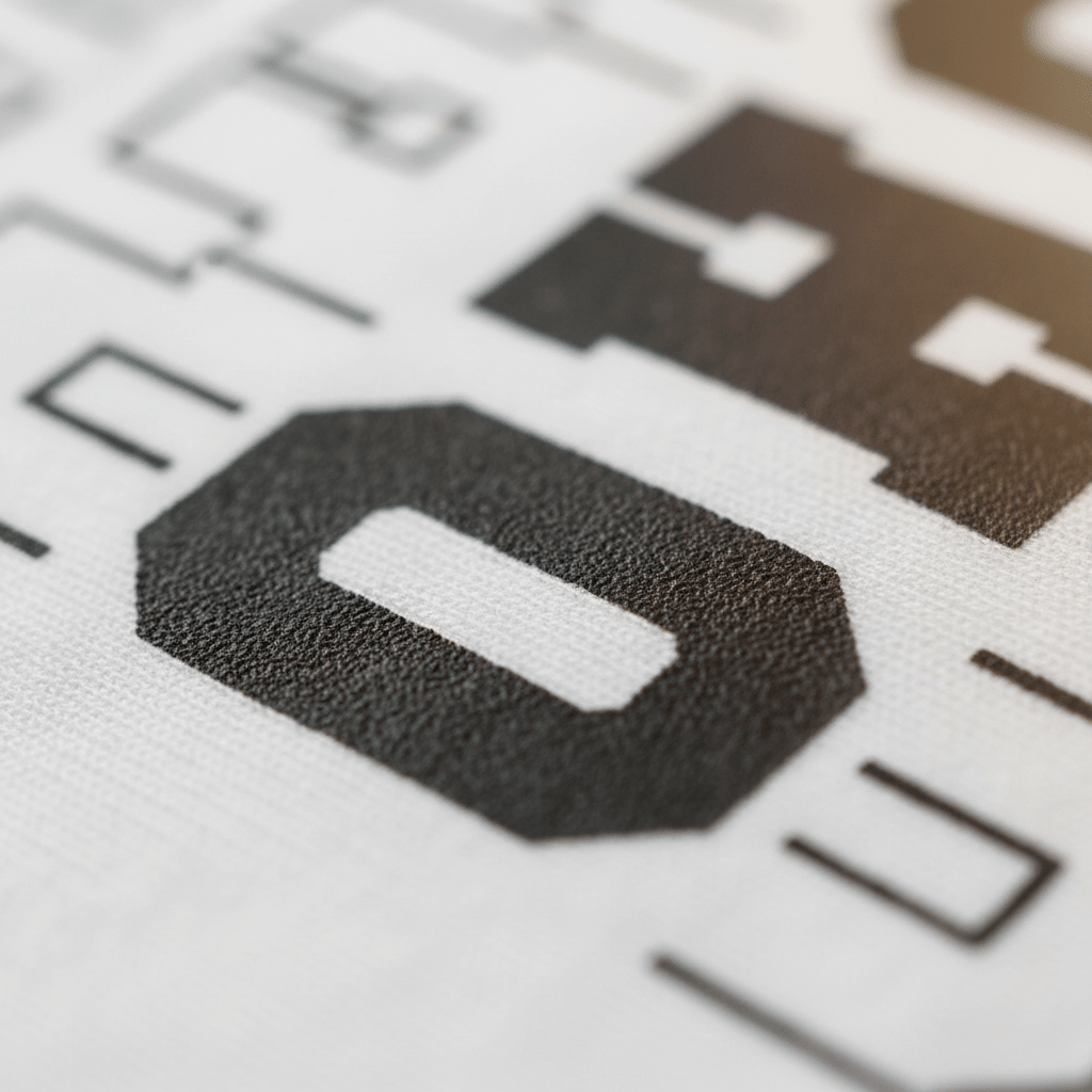Close-up of black, pixelated block-style text printed on the white textured fabric of the Toodleroos Ohio Varsity Kids Shirt – State Pride Tee, evoking classic varsity style, with a shallow depth of field rendering some text elements out of focus.