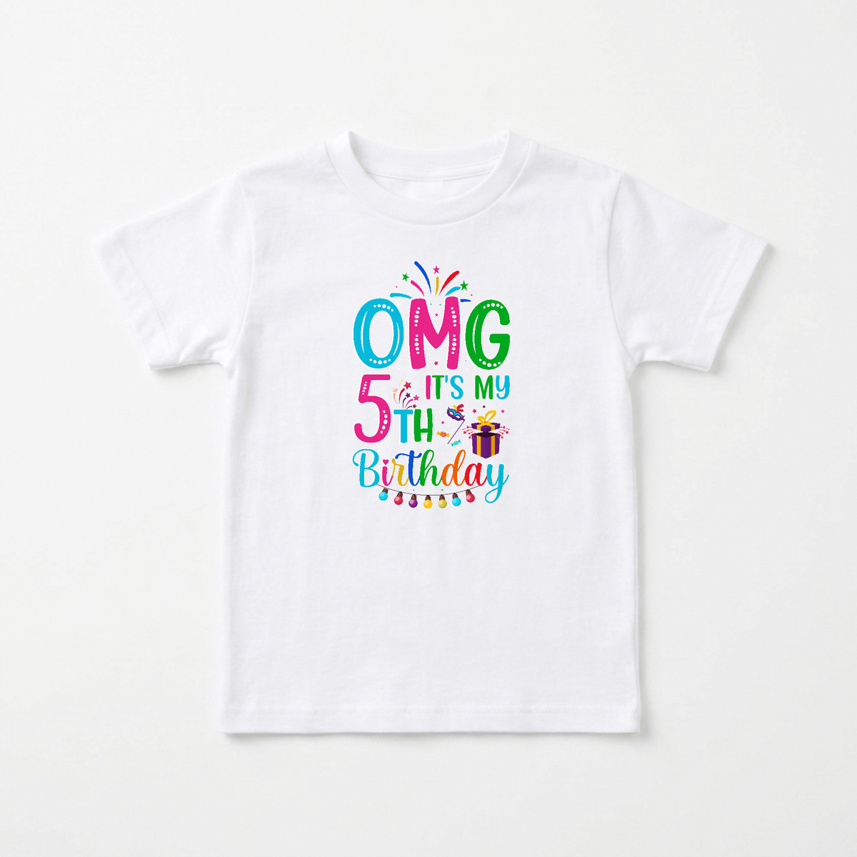 The Toodleroos OMG It’s My 5th Birthday Kids Shirt – Party Tee is a white birthday shirt for kids, featuring vibrant text that says “OMG 5TH ITS MY BIRTHDAY” along with playful illustrations of fireworks, a gift box, a mask, and festive string lights—making it the perfect boys’ or girls’ 5th birthday tee.