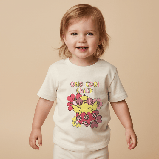 A happy toddler wears the Toodleroos One Cool Chick Kids Shirt – Easter Tee, featuring a cute cartoon chick with sunglasses, peace signs, and flowers above the text “One Cool Chick.” This white kids’ T-shirt makes a perfect spring outfit or Easter shirt against a soft beige background.