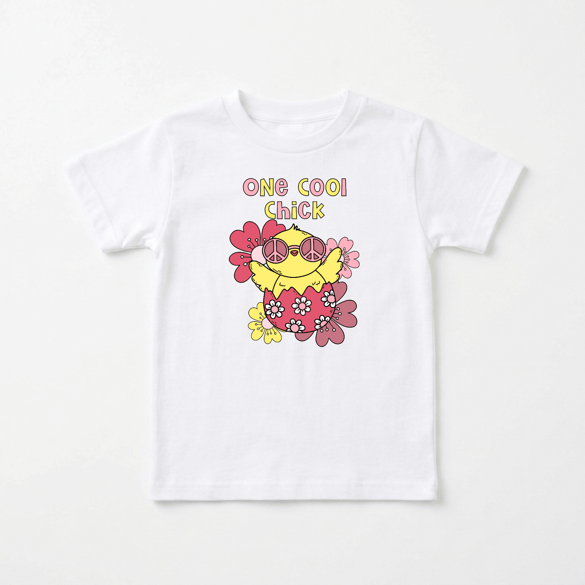 The Toodleroos One Cool Chick Kids Shirt – Easter Tee features a white t-shirt with a yellow chick sporting heart-shaped glasses and surrounded by pink and red flowers. “One Cool Chick” is written above the design in cheerful yellow and pink letters, making it a perfect Easter kids shirt or fun spring outfit.