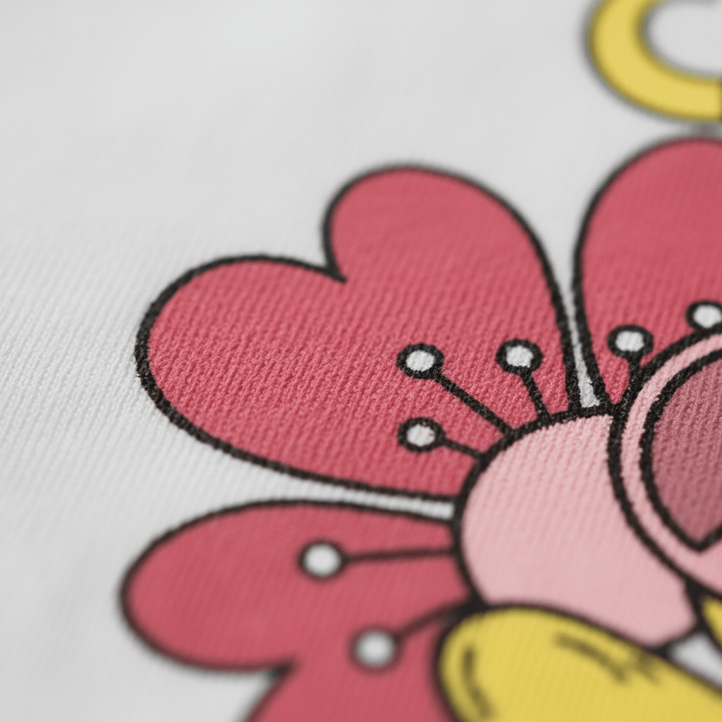 A close-up of a cartoon flower with red heart-shaped petals and pink and yellow details, printed on white fabric—perfect for an adorable Easter look with the Toodleroos One Cool Chick Kids Shirt, or as part of a cheerful spring outfit.