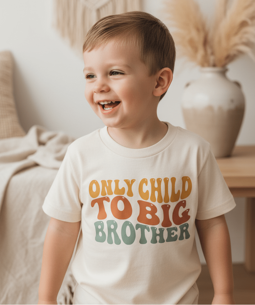 A smiling young boy wears the Toodleroos Only Child to Big Brother Toddler Shirt – Sibling Announcement Tee, standing indoors with neutral decor and a vase of pampas grass in the background—making it the perfect sibling reveal shirt for a sweet pregnancy announcement.