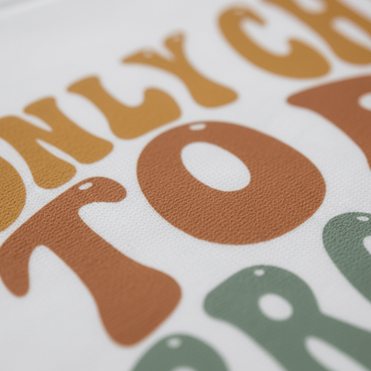 Close-up of colorful, retro-style text printed on textured white fabric, with bold orange and green letters in playful, rounded shapes—a charming Toodleroos Only Child to Big Brother Toddler Shirt – Sibling Announcement Tee, perfect for a sibling reveal or pregnancy announcement.