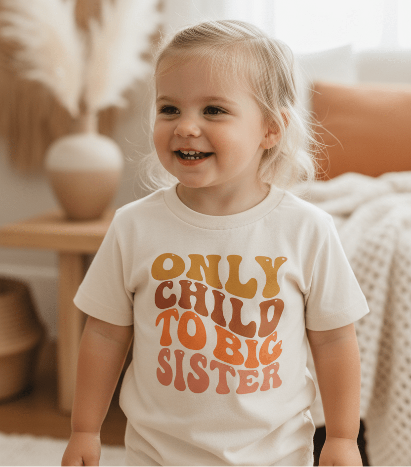 A cheerful toddler with light hair stands indoors wearing the Toodleroos Only Child to Big Sister Toddler Shirt – Sibling Announcement Tee, featuring bold retro-style lettering to proudly share their new status. The cozy, neutral home decor in the background makes this adorable tee a perfect choice for a big sister pregnancy announcement.
