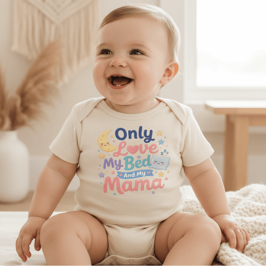 A smiling baby sits on a bed wearing the Toodleroos “Only Love My Bed and My Mama” Onesie—a cute, cream-colored bodysuit featuring colorful text and adorable moon, heart, and star illustrations—making it the perfect gender-neutral baby gift.