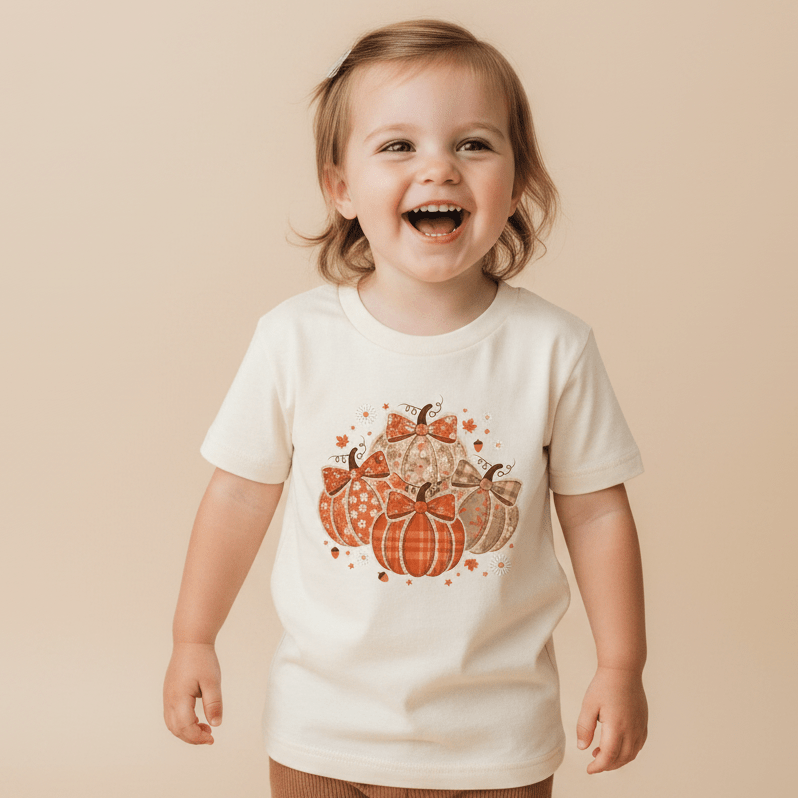 A smiling toddler wears the Toodleroos Patchwork Pumpkin Toddler Girls Shirt – Fall Floral Tee, featuring a handmade farmhouse patchwork pumpkin and leaf design, standing against a beige background—perfect for a fall family photoshoot outfit.