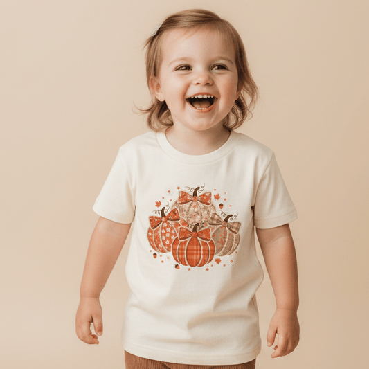 A smiling toddler wears the Toodleroos Patchwork Pumpkin Toddler Girls Shirt – Fall Floral Tee, featuring a handmade farmhouse patchwork pumpkin and leaf design, standing against a beige background—perfect for a fall family photoshoot outfit.