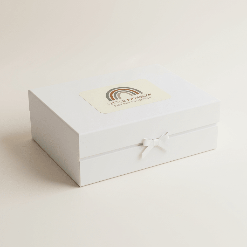 A white box with a small white bow on the front and a label on top featuring a rainbow design and the words “Personalized Boho Rainbow Baby Gift Box” by Toodleroos, perfect for gifting muslin baby essentials or a boho rainbow onesie as a thoughtful personalized baby gift.