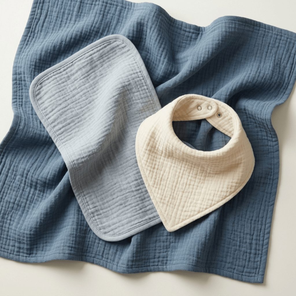 A blue muslin blanket is spread out, accompanied by a matching burp cloth and a cream-colored bandana bib with snap buttons placed on top—together forming the Personalized Boho Rainbow Baby Gift Box by Toodleroos, a thoughtful combination of muslin baby essentials for a unique and personalized gift.