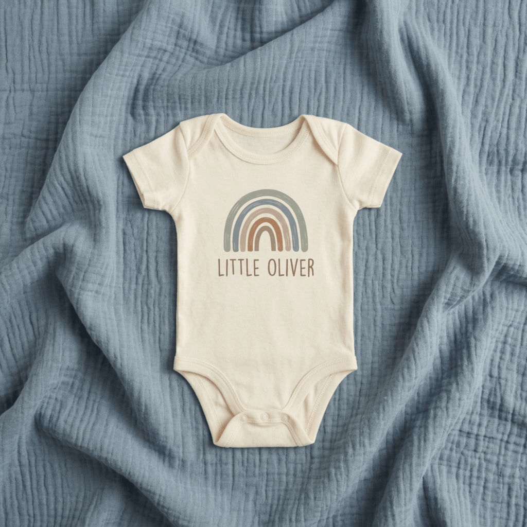 The Toodleroos Personalized Boho Rainbow Baby Gift Box features a cream-colored onesie with a pastel boho rainbow and “Little Oliver” design, beautifully displayed on a soft, light blue textured blanket—an adorable personalized baby gift that makes a charming addition to your muslin baby essentials collection.