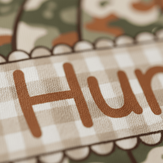 A close-up of the Personalized Camo Pumpkin Toddler Shirt – Fall Name Tee by Toodleroos shows its brown and beige checkered fabric, featuring the partial word “Hun” in bold brown letters, bordered by a scalloped edge with a camouflage pattern in the background—perfect details for a fall toddler shirt or custom camo pumpkin design.