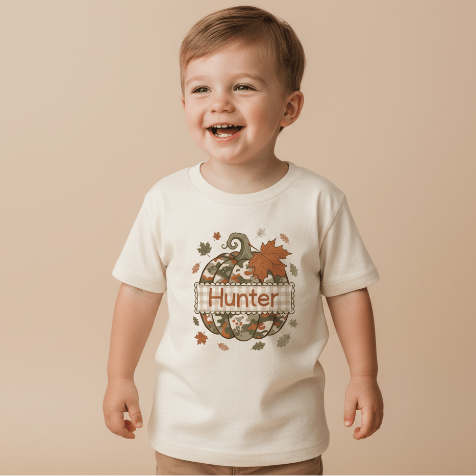 A smiling young child wears the Toodleroos Personalized Camo Pumpkin Toddler Shirt – Fall Name Tee, featuring a camo pumpkin, autumn leaves, and “Hunter” printed on the front, standing against a beige background.
