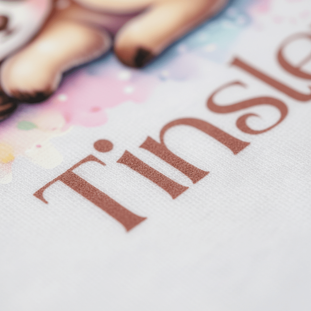 Close-up of the words “Personalized Candy Deer” printed in brown letters on white fabric, with part of an illustrated deer and a colorful background above the text—perfect for a custom toddler t-shirt or pastel rainbow shirt from Toodleroos.