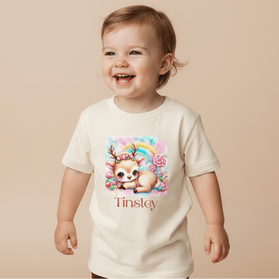 A cheerful toddler wears the Toodleroos Personalized Candy Deer Toddler T-Shirt – a custom name tee in creamy pastel featuring an adorable cartoon baby deer, rainbow, and colorful candy. The shirt showcases the name “Tinsley” printed below the playful illustration.