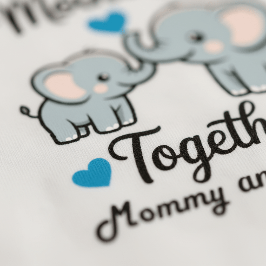 A larger and a smaller cartoon elephant touch trunks above the phrase “Together Mommy,” with blue hearts scattered around them on white fabric—making this Toodleroos Personalized First Mother’s Day Onesie – Custom Baby Bodysuit a perfect outfit to celebrate mom’s special day.