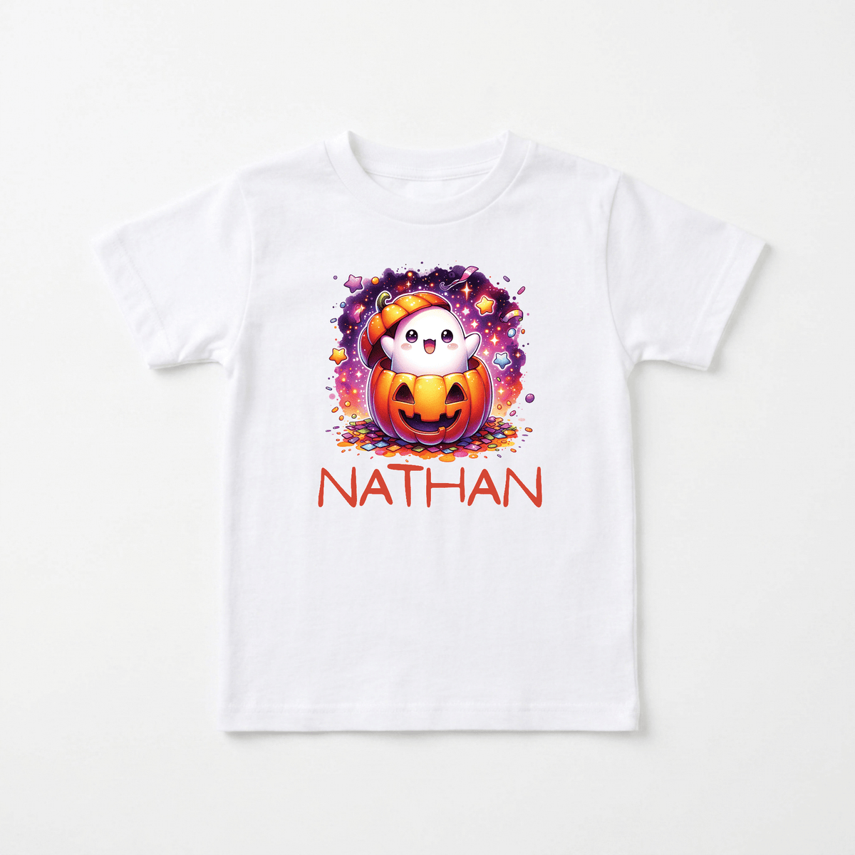 Dress your little one for festive fun with the Toodleroos Personalized Ghost Pumpkin Toddler Shirt – Halloween Name Tee! This adorable white tee features a cute ghost popping out of a jack-o-lantern amidst colorful confetti, with NATHAN written in bold red letters beneath the graphic. A perfect custom Halloween shirt for toddler celebrations.