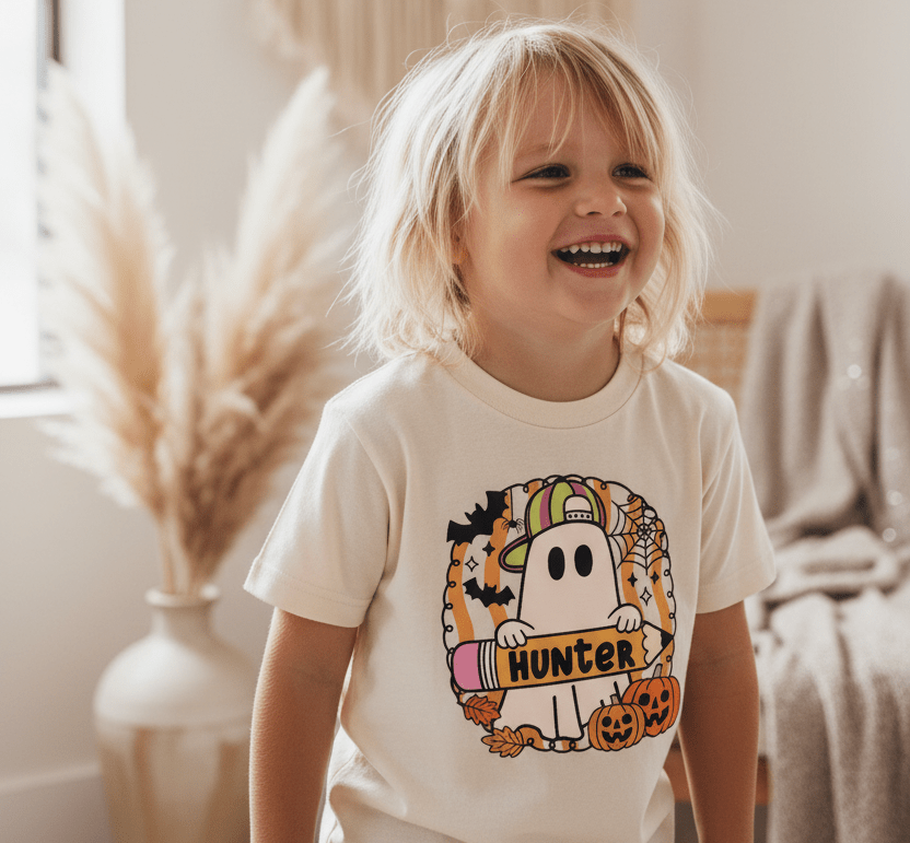 A smiling blonde-haired child wears the Toodleroos Personalized Halloween Ghost Kids Shirt – Custom Name Tee, which features a cartoon ghost, bats, pumpkins, and autumn leaves, while standing indoors near a vase of pampas grass.