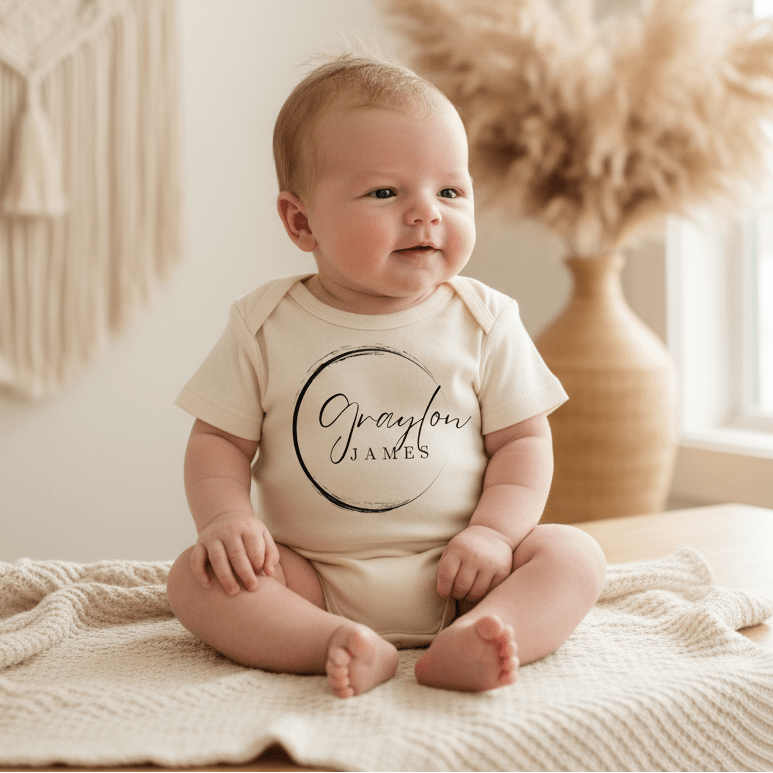 A baby wearing the Toodleroos Personalized Name Onesie – Custom Baby Bodysuit in cream sits on a knitted blanket. The onesie features the name Graylon James in script inside a circle. Blurred pampas grass and a vase decorate the background.