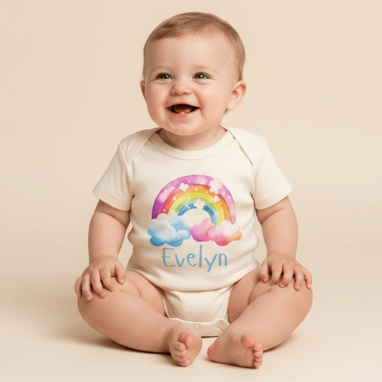 A happy baby sits wearing the Toodleroos Personalized Rainbow Cloud Baby Girl Onesie – Custom Name Bodysuit, featuring a cheerful rainbow and cloud design with “Evelyn” printed on the front—a perfect, thoughtful gift for baby showers.