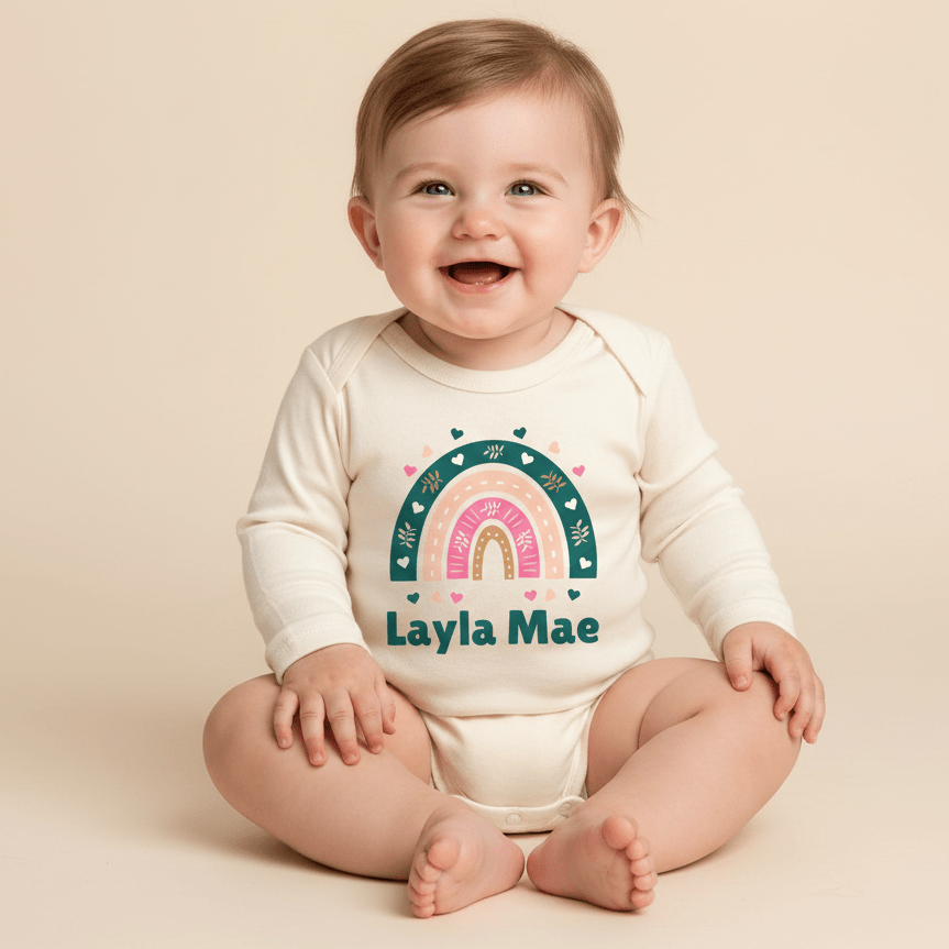 A smiling baby with light brown hair sits on the floor wearing the Toodleroos Personalized Teal Rainbow Baby Onesie – a custom name bodysuit featuring a colorful rainbow and “Layla Mae” printed on the front, making it a perfect baby shower gift or adorable coming-home outfit.