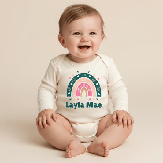 Personalized Teal Rainbow Baby Onesie – Custom Name Bodysuit - Toodleroos