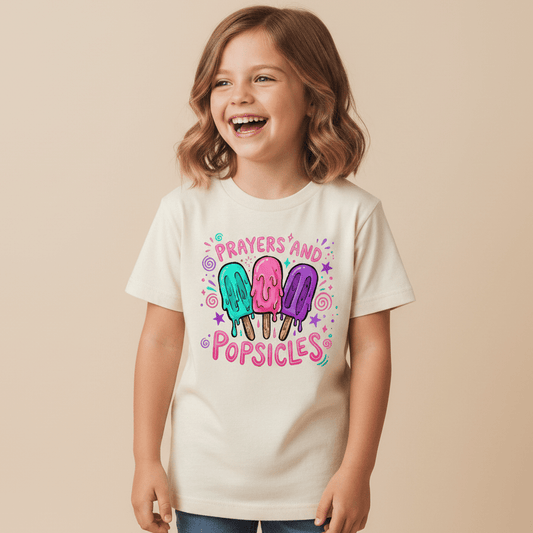 A happy child wears the Toodleroos Prayers and Popsicles Kids Shirt – Summer Faith Tee, featuring colorful popsicles and playful pink “Prayers and Popsicles” lettering—a perfect Vacation Bible School shirt for little ones.
