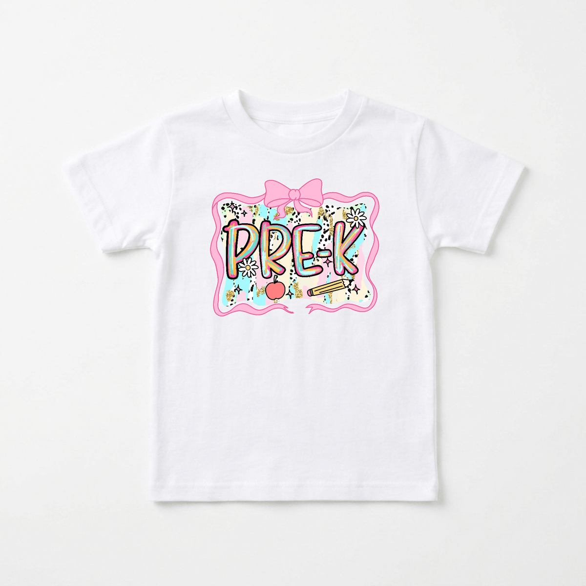 The Toodleroos Pre-K Youth Tee – Bow & Apple Back to School Shirt features a colorful front design with “PREK” in bold letters, surrounded by stars, hearts, flowers, a bow, and playful doodles in pink, yellow, blue, and black—making it the perfect Pre-K shirt or first day of school shirt for your little one.