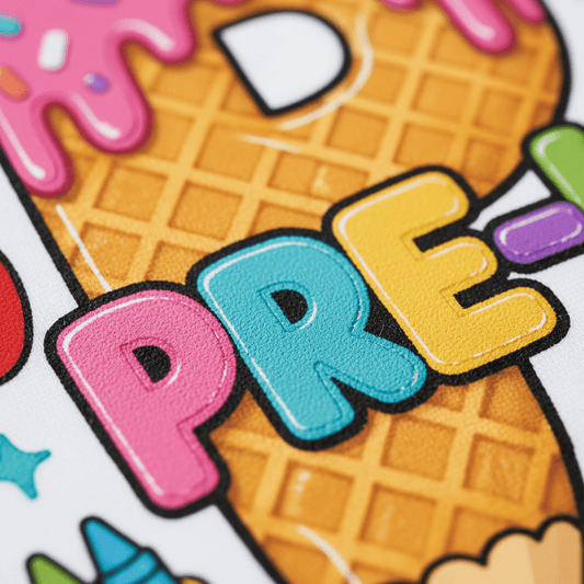 Brightly colored letters spelling PRE shine atop a whimsical ice cream cone design, complete with a pink drippy topping and waffle texture—making this Toodleroos Pre-K Kids Shirt – Back to School Tee the perfect, playful choice for your little one’s first day of school outfit.