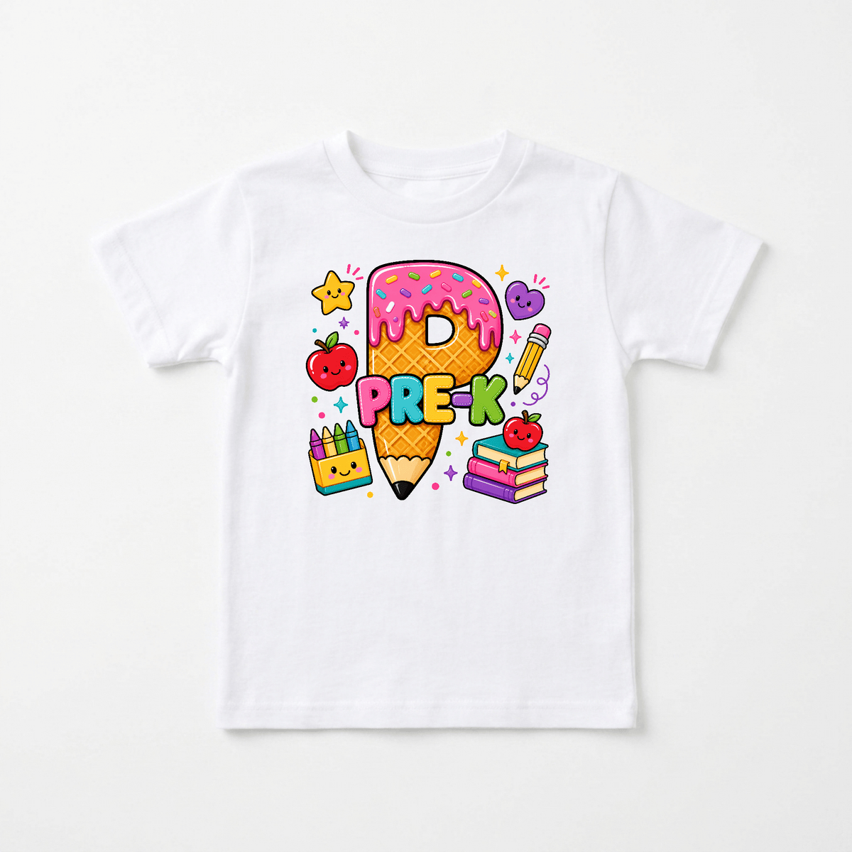 The Toodleroos Pre-K Kids Shirt – Back to School Tee features colorful “Pre-K” text with a sprinkle-covered pencil shaped like the letter P, playful apples, books, a crayon box, stars, and happy faces all in an adorable cartoon style—making it the perfect first day of school outfit or cute back to school shirt for little ones.