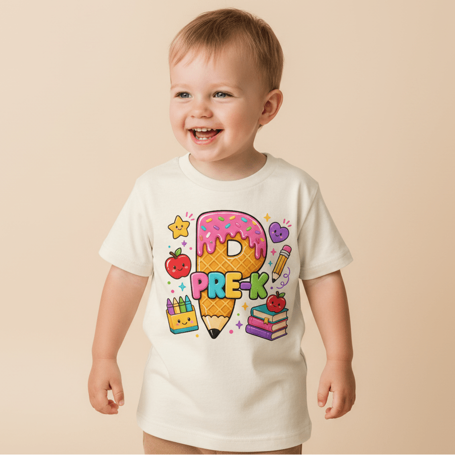 Dressed in the Toodleroos Pre-K Kids Shirt – Back to School Tee, this smiling toddler sports a white T-shirt featuring colorful Pre-K text, a playful cartoon pencil, donut, books, crayons, apple, and stars—the perfect first day of school outfit for little learners! This adorable Toodleroos tee is an ideal addition to any back to school shirts collection.