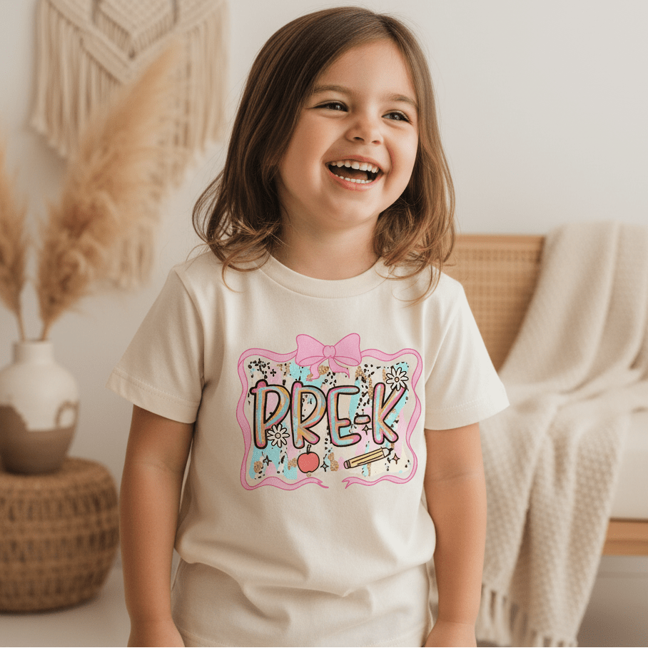 A smiling young girl with brown hair wears the Toodleroos Pre-K Youth Tee – Bow & Apple Back to School Shirt, a colorful and fun choice for a first day of school outfit, as she stands in a cozy room decorated with soft neutrals and woven accents.