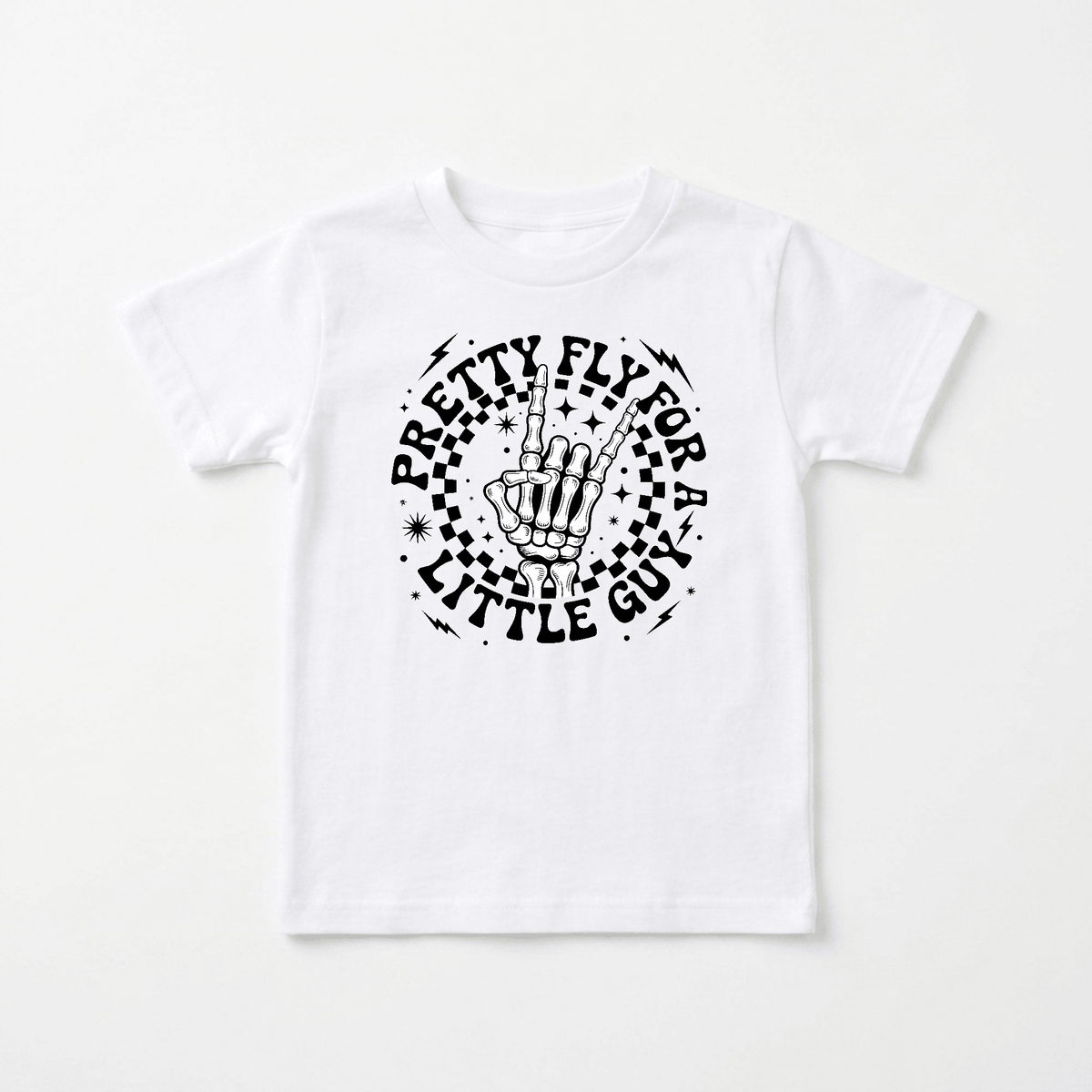 The Toodleroos “Pretty Fly for a Little Guy Kids Shirt – Rock Skeleton Tee” features a white t-shirt with a skeleton hand making a rock on gesture and the text “Pretty Fly for a Little Guy” encircled by stars and lightning bolts—perfect for any cool kid’s shirt collection or as a fun retro kids shirt.